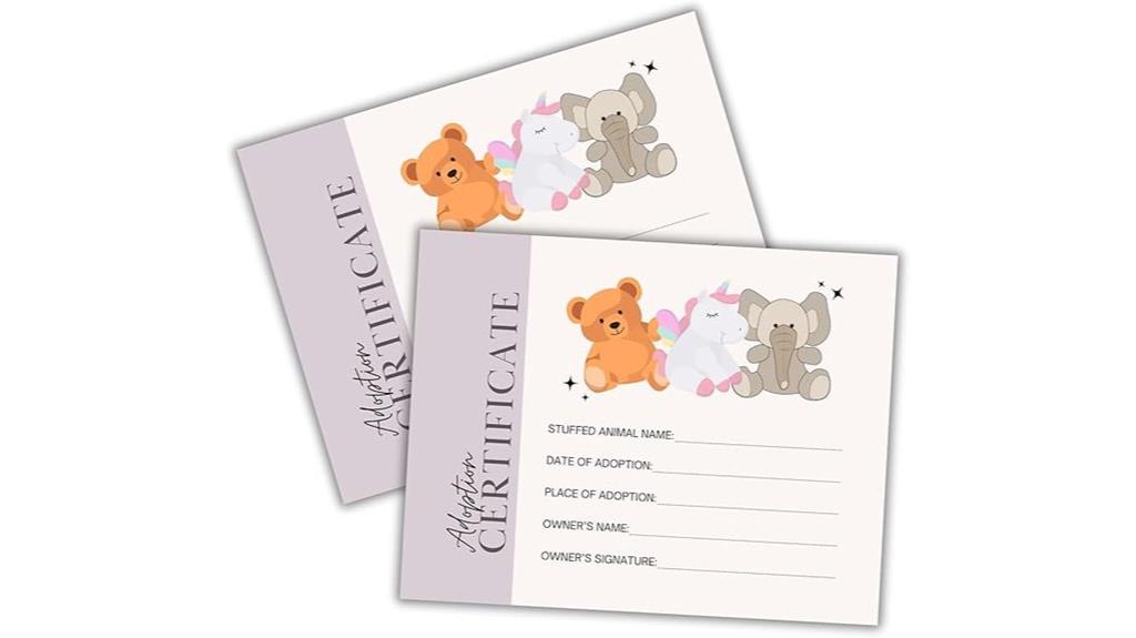 stuffed animal adoption certificates